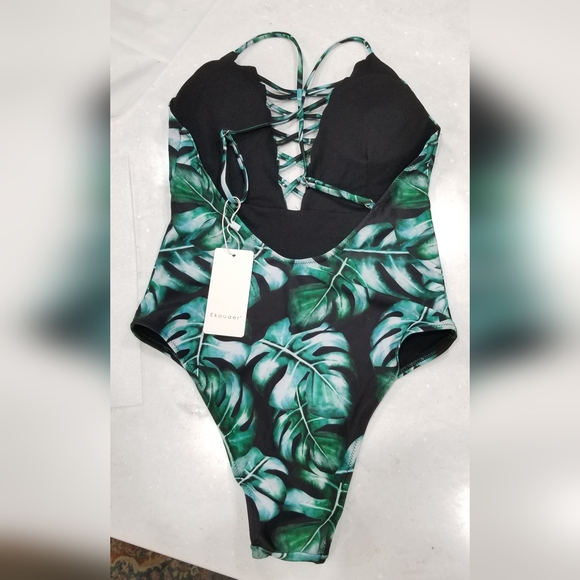 EKOUAER One-Piece Swimsuit Black & Green Tropical Foliage Print NWT - Picture 2 of 2